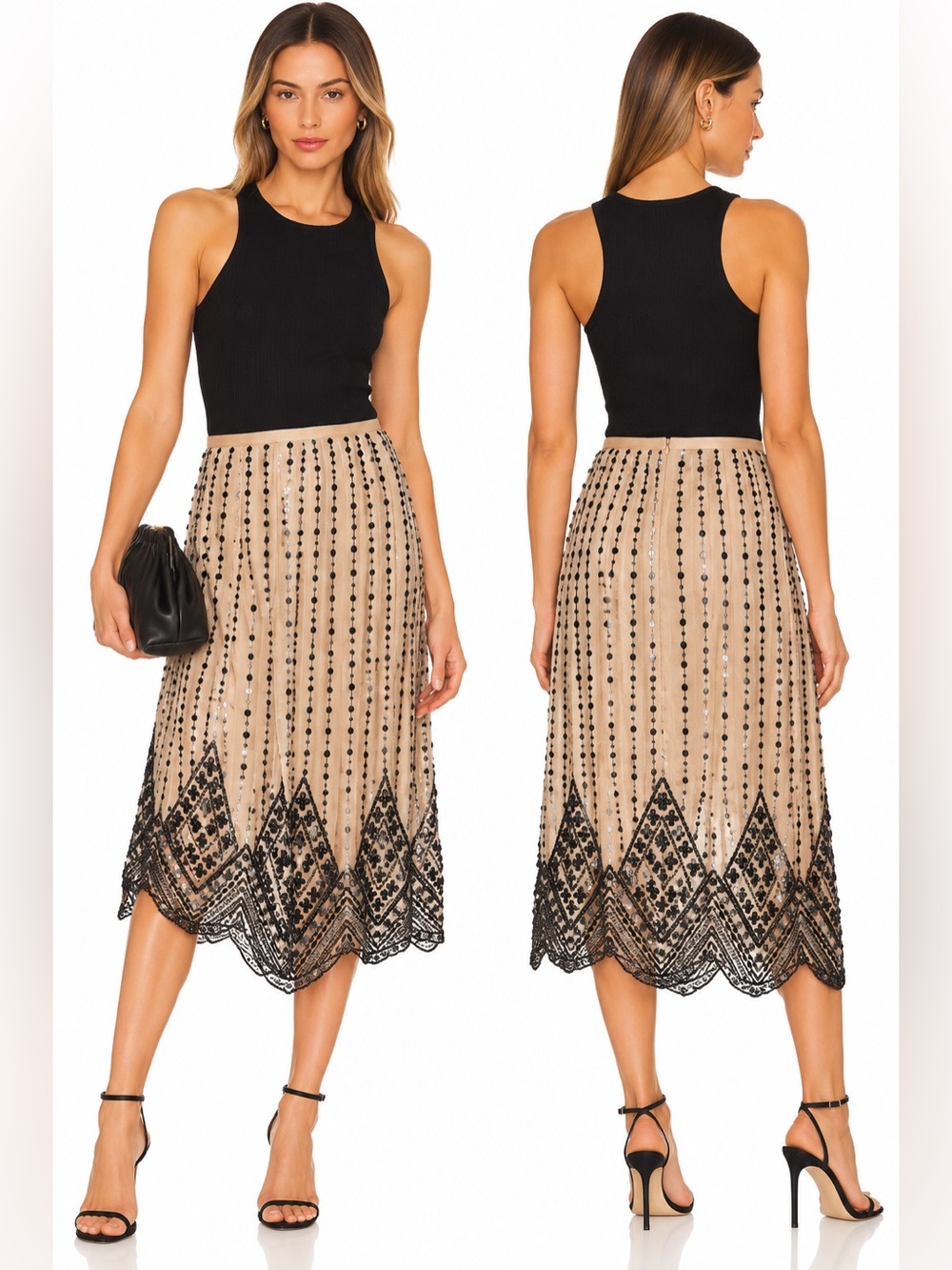 Elie Tahari 100% Silk Embellished Sequin Midi Skirt US 8 Beige Black